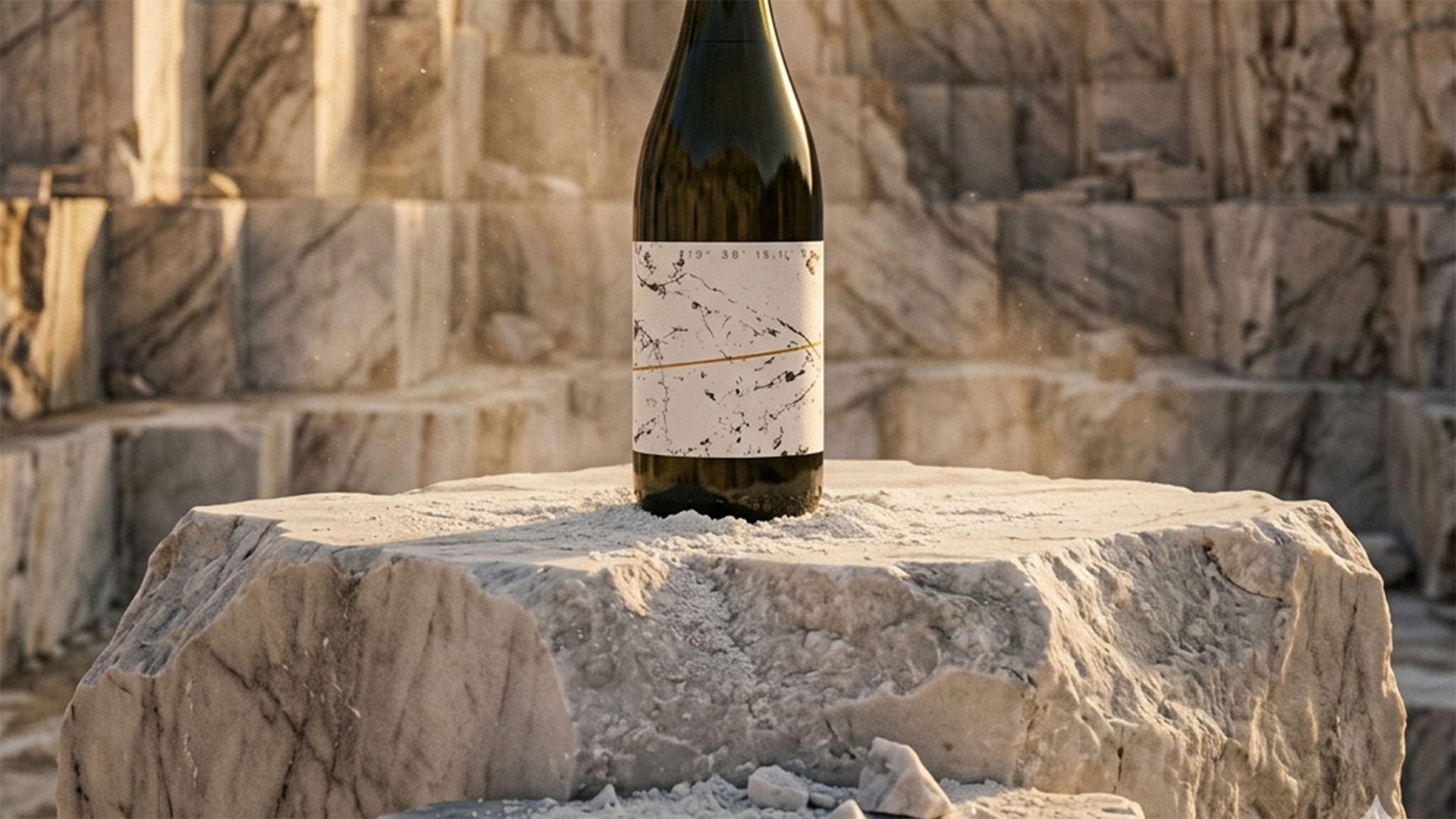 Una bottiglia in piedi su un blocco di marmo grezzo, tra la polvere di cava, con le pareti tagliate della cava di marmo alle spalle